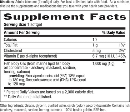 Country Life Omega-3 Fish Oil Supplement, 1000mg, 180mg EPA & 120mg DHA, Fish Oil Concentrate, Burpless, 200 Softgels, Certified Gluten Free