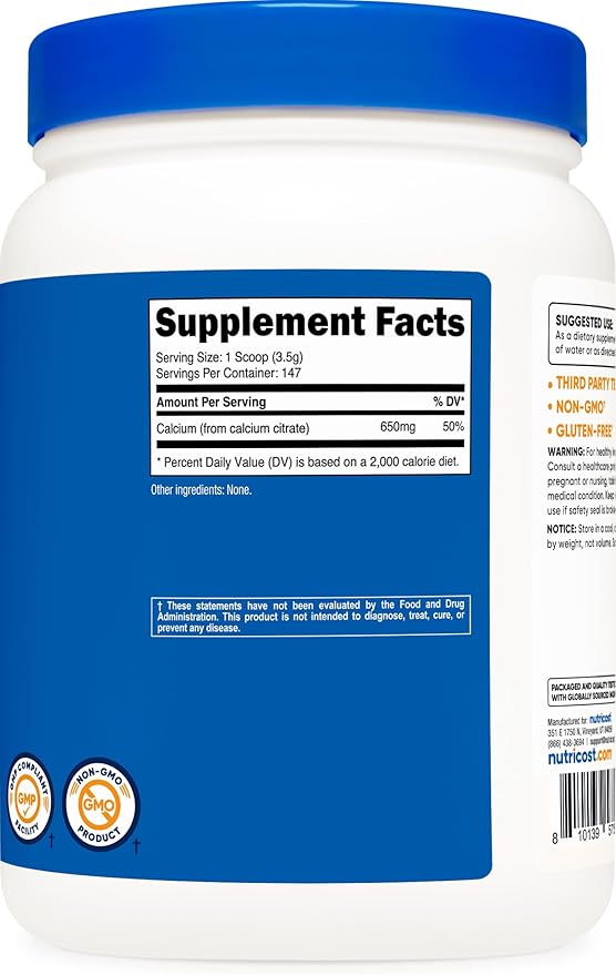 Nutricost Calcium Citrate Powder (500 Grams) (Unflavored) - Pure Calcium Citrate, No Fillers, Gluten Free (1.1lbs)