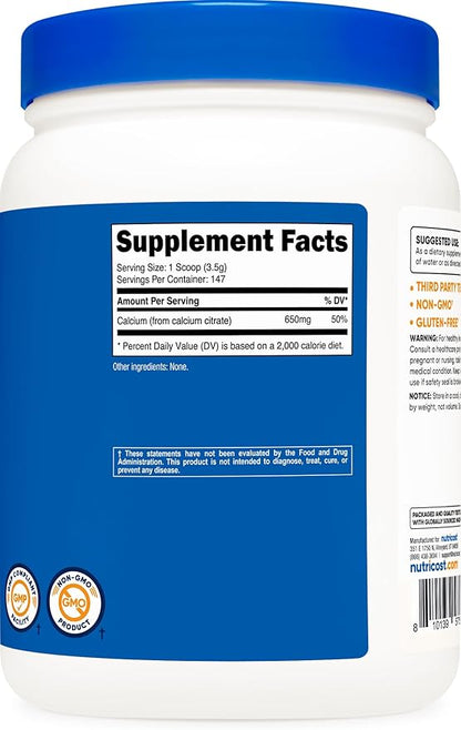 Nutricost Calcium Citrate Powder (500 Grams) (Unflavored) - Pure Calcium Citrate, No Fillers, Gluten Free (1.1lbs)