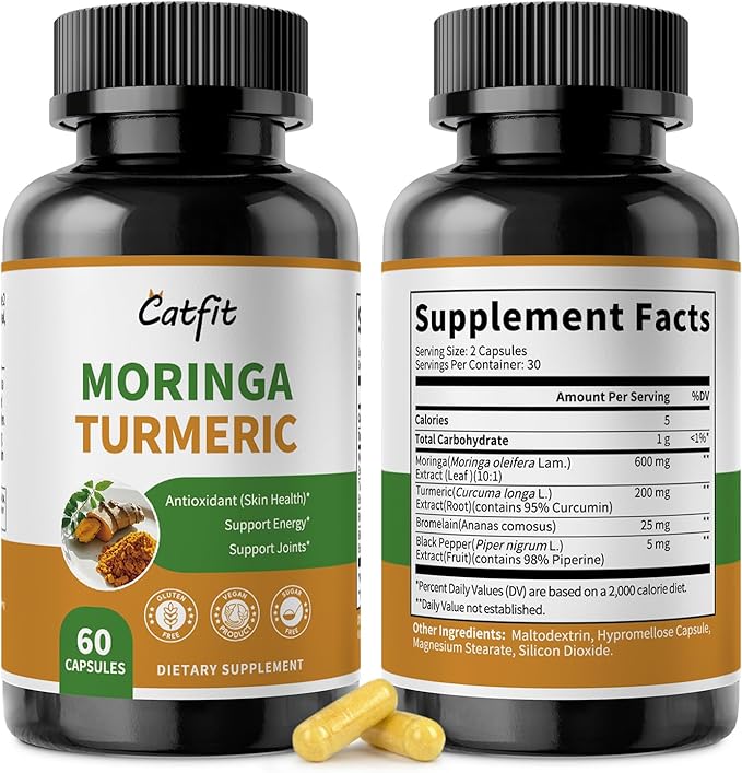2 Pack Moringa Capsules, Moringa Powder with Turmeric, Bromelain and Black Pepper, 4-in-1 Superfood for Energy, Immune, Digestion and Antioxidant Support, Vegan, Gluten-Free, 120 Count