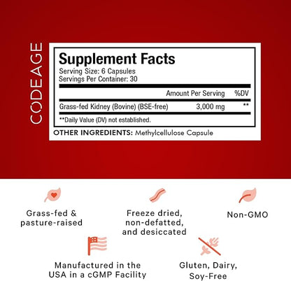 Codeage Grass Fed Beef Kidney Supplement - Freeze Dried, Non-Defatted, Desiccated Glandulars Nutrition Bovine Pills – Pasture Raised Beef Vitamins - Non-GMO -180 Capsules