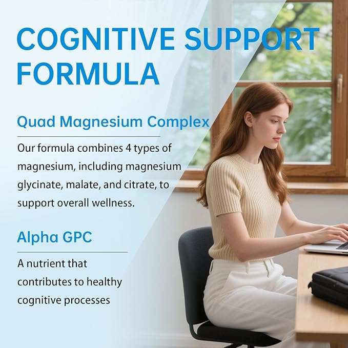 320mg Quad Magnesium & 200mg Alpha GPC & 440mg Ashwagandha + L-Theanine - Support Memory, Focus, Attention & Relaxation* | Magnesium Glycinate/Threonate/Citrate/Malate - 60 Capsules