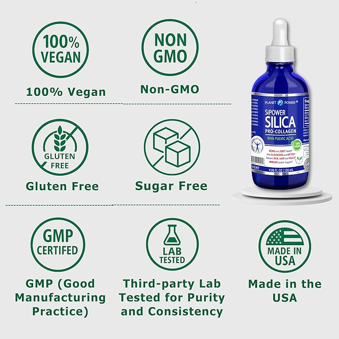 SiPower Silica Vegan Collagen, Supplement Drops-Liquid Mineral Orthosilicic Acid (CH-OSA) + Fulvic Acid. Natural Collagen Booster for Joints, Bones, Hair, Skin, Nails, Immune & Digestive Health-4oz