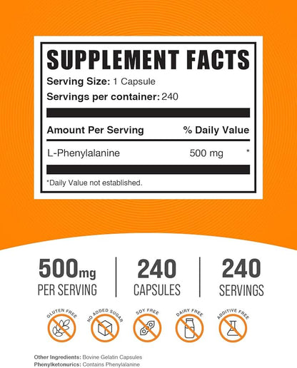 BulkSupplements.com L-Phenylalanine Capsules - Phenylalanine Supplement, L-Phenylalanine 500mg - Gluten Free, 1 Capsule per Serving, 240 Capsules (Pack of 1)