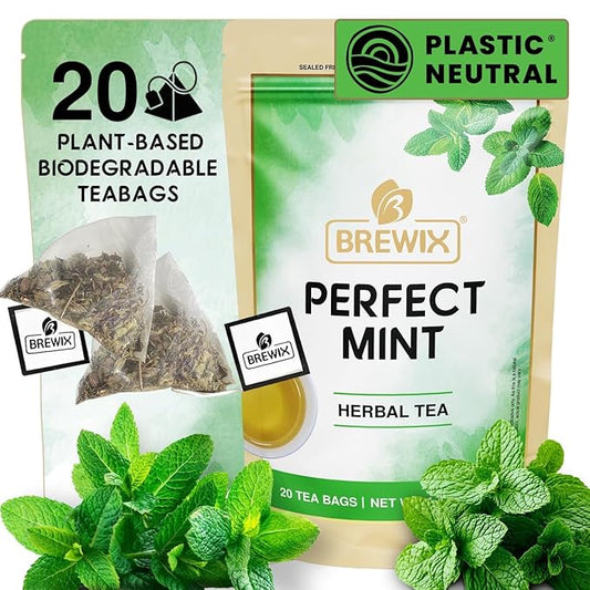 BREWIX, Moroccan Mint Tea (20 Pyramid Tea Bags) | Soothes Your Belly | Calming, Fresh and Cool | Caffeine Free Herbal Tea | No Sugar & No Caffeine