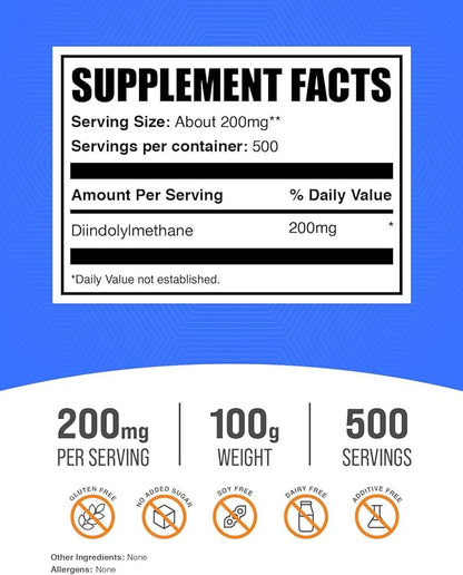 BulkSupplements.com DIM Powder - Diindolylmethane Powder, DIM Supplement for Men & Women - Unflavored & Gluten Free, 200mg per Serving, 100g (3.5 oz) (Pack of 1)