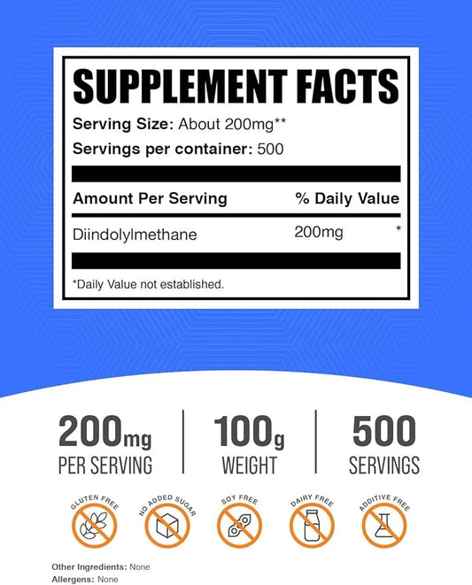 BulkSupplements.com DIM Powder - Diindolylmethane Powder, DIM Supplement for Men & Women - Unflavored & Gluten Free, 200mg per Serving, 100g (3.5 oz) (Pack of 1)