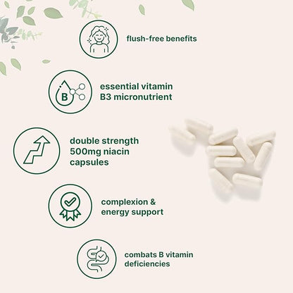 Micro Ingredients Niacin 500mg Per Serving, 400 Capsules | Flush Free B3 Vitamins | Double Strength Essential B Vitamin Supplement | Skin Care Health & Energy Support | Non-GMO, Gluten Free