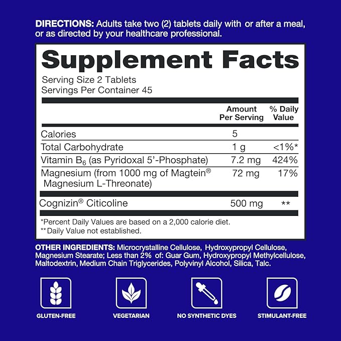 Qunol Brain Health Memory Plus with B6, Magnesium L-Threonate & Citicoline, Clinically Tested Ingredients to Improve Memory, Focus, Attention and Productivity, 90 Count
