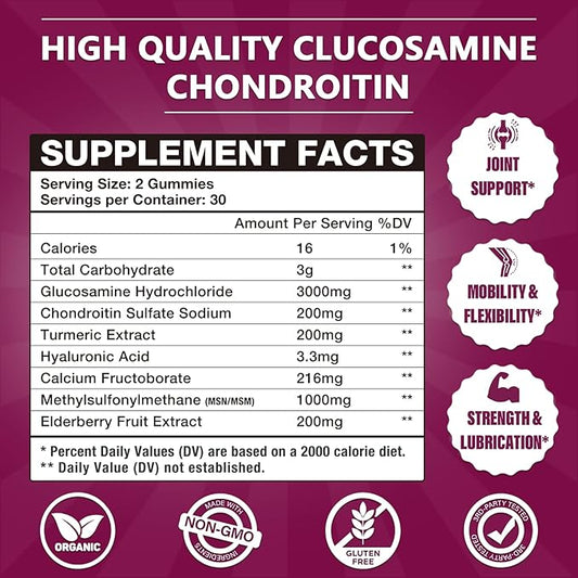 3 Packs 3000MG Glucosamine Chondroitin Gummies, Extra Strength Joint Support Supplement with MSM & Elderberry, Flexibility, Antioxidant Immune Support Gummy for Adults, Men & Women 180Cts