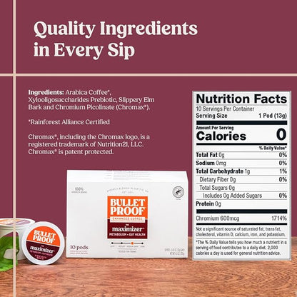 Bulletproof The Maximizer Single-Serve Coffee Pods, 10 Count, Clean Coffee with Prebiotics, Metabolism and Gut Health Support, Packaging May Vary