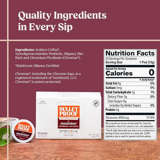 Bulletproof The Maximizer Single-Serve Coffee Pods, 10 Count, Clean Coffee with Prebiotics, Metabolism and Gut Health Support, Packaging May Vary