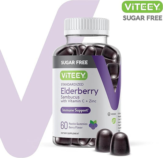 VITEEY Sambucus Elderberry Gummies for Adults & Teens + Zinc & Vitamin C - Sugar Free - Immune Support & Booster Herbal Supplement - Vegan, Gluten Free, Gelatin Free, GMO Free, Chewable Berry Flavored
