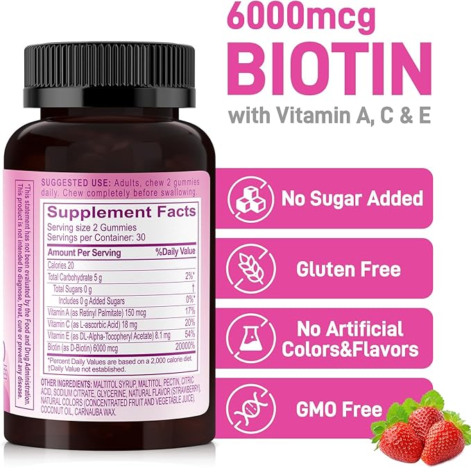 Beauty Gummies No Sugar Added, Hair Skin and Nails with Vitamins A C E, Natural 6000mcg Biotin Gummies for Women Men, GMO Free, Gluten Free