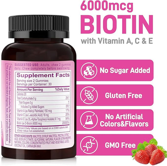 Beauty Gummies No Sugar Added, Hair Skin and Nails with Vitamins A C E, Natural 6000mcg Biotin Gummies for Women Men, GMO Free, Gluten Free