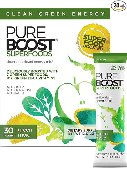 Pureboost Superfoods Clean Energy Booster, Energy Drink Mix Powder with 7 Organic Green Superfoods; Spirulina, Kale, Broccoli and Vitamins, Green Apple, Pineapple, Mango (Green Mojo, 30 Count)