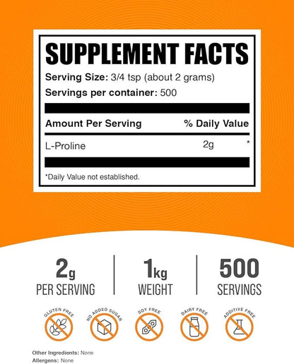 BulkSupplements.com L-Proline Powder - Proline Supplements, Amino Acid Powder - Unflavored & Gluten Free, 2g per Serving, 1kg (2.2 lbs) (Pack of 1)