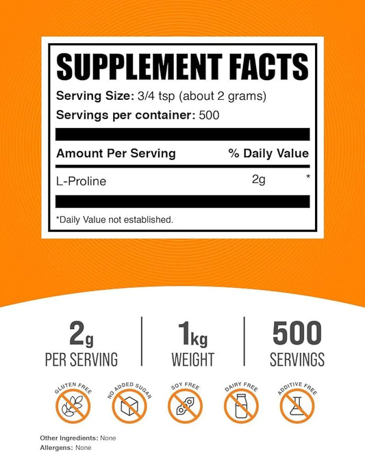 BulkSupplements.com L-Proline Powder - Proline Supplements, Amino Acid Powder - Unflavored & Gluten Free, 2g per Serving, 1kg (2.2 lbs) (Pack of 1)