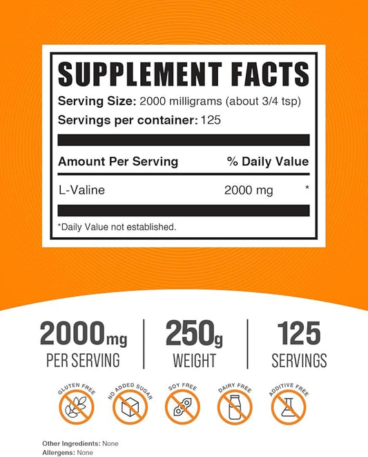 BulkSupplements.com L-Valine Powder - Valine Supplement, BCAA Supplement, Amino Acid Powder - Unflavored & Gluten Free, 2g per Serving, 250g (8.8 oz) (Pack of 1)