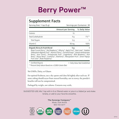PURE SYNERGY Berry Power | Organic Berry and Fruit Powder | Antioxidant Supplement with Organic Acai, Camu Camu, and Wild Blueberry | for Healthy Aging, Immune, and Skin Support (5.3 oz Powder)