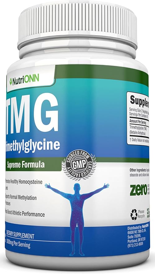 TMG Trimethylglycine Supplement - 1000mg - 180 Capsules - Premium Pure Betaine Anhydrous - Supports Normal Homocysteine & Blood Pressure Levels - Promotes Methylation Processes - Non-GMO Formula