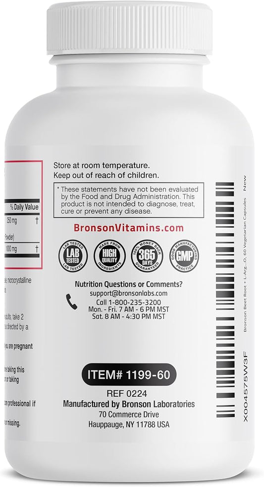 Bronson Beet Root + L-Arginine Nitric Oxide Production - Non-GMO, 60 Vegetarian Capsules