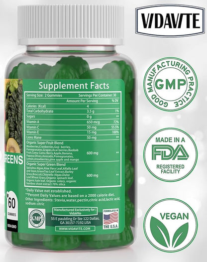 Sugar-Free Fruit and Veggie Gummies — 35+ Greens, Fruit and Vegetable Vitamins to Boost Immunity, Skin & Gut Health — Ideal Fruity Vegetable Supplement for Adults & Kids (60 Gummies)