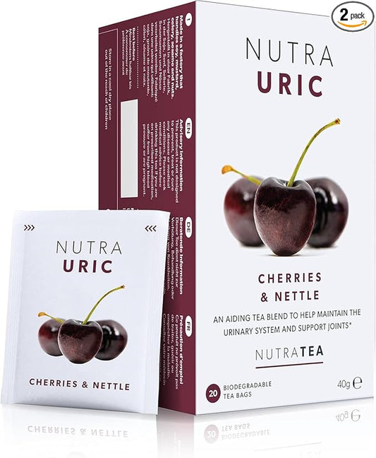 NUTRAURIC - Uric Acid Cleanse and Kidney Support – Kidney Cleanse Tea – Includes Cherry, Nettle & Turmeric - 40 Enveloped Tea Bags - by Nutra Tea - Herbal Tea - (2 Pack)