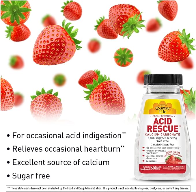 Country Life Acid Rescue Chewable Tablets - Certified Vegan & Gluten-Free Heartburn Relief, 400mg Calcium & Magnesium, Non-GMO, Sugar-Free Berry Flavor, Supports Bone Health, 60 Count