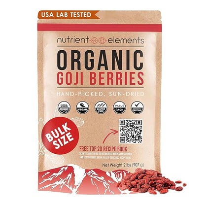 2lbs/32oz Premium Organic, Raw & Dried Goji Berries by Nutrient Elements. USDA Certified. Natural Superfood. Extra Large, Non-GMO Berries with Resealable Bag. Includes Free Recipes E-Book