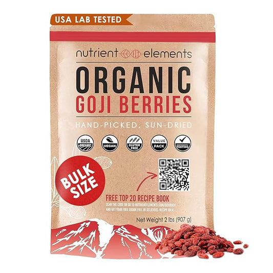2lbs/32oz Premium Organic, Raw & Dried Goji Berries by Nutrient Elements. USDA Certified. Natural Superfood. Extra Large, Non-GMO Berries with Resealable Bag. Includes Free Recipes E-Book