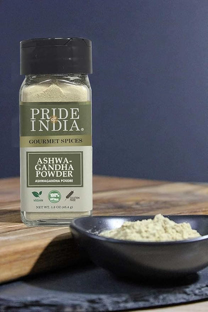 Pride of India – Natural Ashwagandha Root Ground – Health Benefits – Good for Energy Level/Body Functions – No Gluten/Additives – Easy To Use – 1.6 oz. Small Dual Sifter Jar