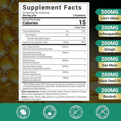 Ashwagandha & Lions Mane Gummies, Ashwagandha with Shilajit, Sea Moss, Black Seed Oil for Men & Women