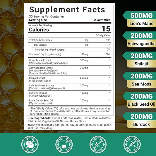 Ashwagandha & Lions Mane Gummies, Ashwagandha with Shilajit, Sea Moss, Black Seed Oil for Men & Women