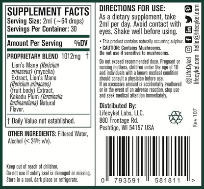 Lifecykel Lion's Mane Mushroom Extract w/Kakadu Plum- Memory Focus Clarity REM Sleep-100% Organic Mushrooms Brain Booster Nootropic Brain Supplement Focus Supplement Made in US, 2 Fl oz (30 Servings)