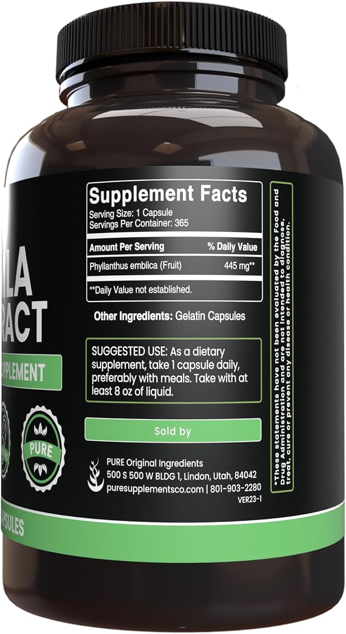 PURE ORIGINAL INGREDIENTS Amla Extract (365 Capsules) No Magnesium Or Rice Fillers, Always Pure, Lab Verified