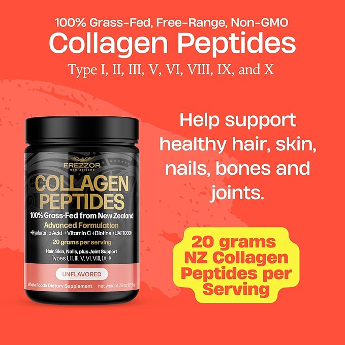 FREZZOR Collagen Peptides Powder, Reduces Fine Lines & Wrinkles, Stronger Hair & Nails, Promotes Youthful Flexibility & Mobility, 100% New Zealand Hydrolyzed Beef Bone Collagen, Unflavored 225g 1 Jar