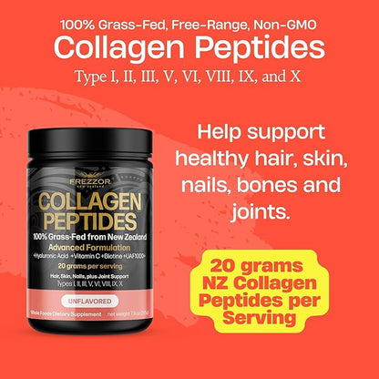 FREZZOR Collagen Peptides Powder, Reduces Fine Lines & Wrinkles, Stronger Hair & Nails, Promotes Youthful Flexibility & Mobility, 100% New Zealand Hydrolyzed Beef Bone Collagen, Unflavored 225g 1 Jar