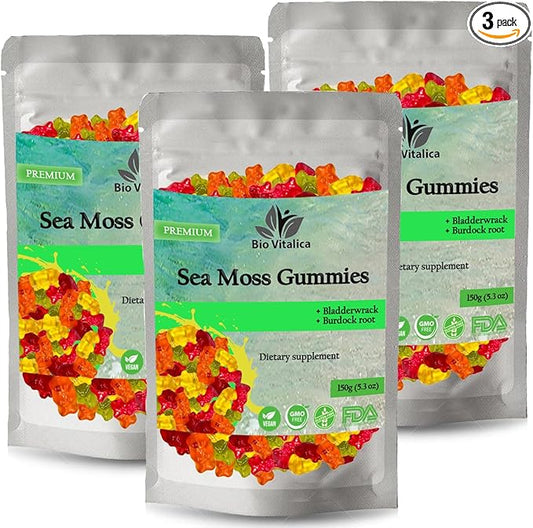 Sea Moss Gummies - Irish sea Moss raw Organic, Bladderwrack, Burdock Root. Contains Sea Moss Gel and Powder. Superfoods for Vegan, Keto and Dr Sebi Diet. Immune Boosting (3, Original)