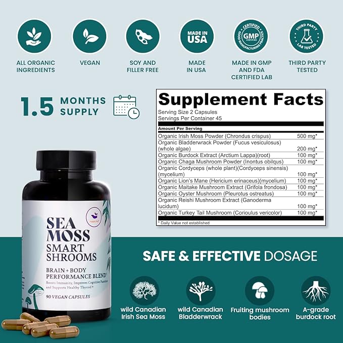 HAPPY FOX Irish Sea Moss Capsules & Mushroom Complex - Organic Seamoss with Adaptogens for Brain Health, 1500mg, 90 Vegan Capsules, Organic Mushroom Supplement
