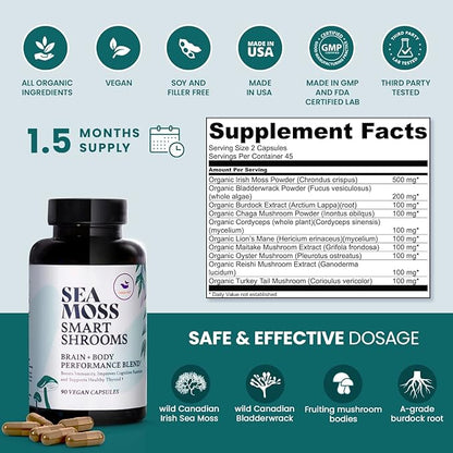 HAPPY FOX Irish Sea Moss Capsules & Mushroom Complex - Organic Seamoss with Adaptogens for Brain Health, 1500mg, 90 Vegan Capsules, Organic Mushroom Supplement