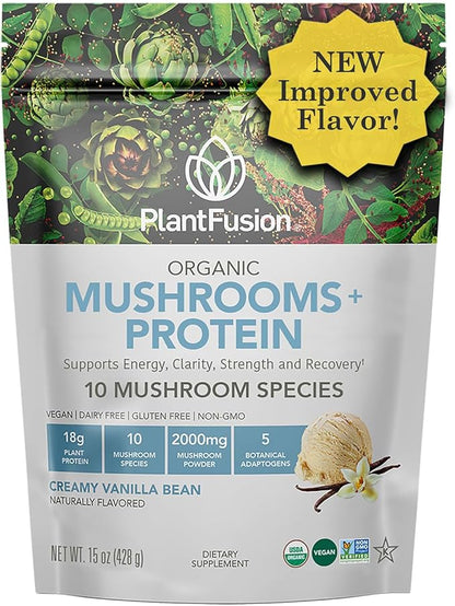 Plantfusion Mushroom Protein Powder - 3 in 1 Vegan Protein Powder, Mushroom Supplement, and Adaptogen Supplement - Support Mental Focus, Immunity, and Recovery - Vanilla 1lb
