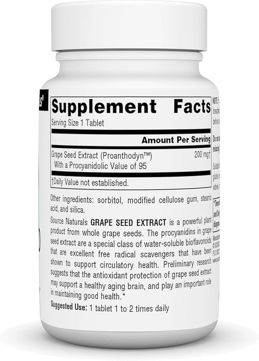 Source Naturals Grape Seed Extract, Proanthodyn, Antioxidant Protection & Supports Healthy Aging Brain* - 200 mg - 90 Tablets