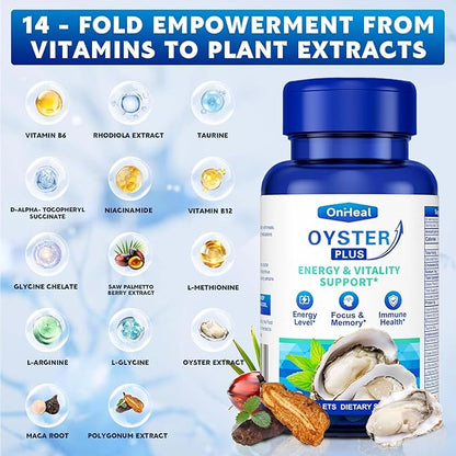 Premium Oyster Supplement - Contains Oyster Powder 100% Natural Oyster Extract, Rich in zinc and Minerals, 500mg, boosts Immunity and Energy, Oyster Supplement for Men and Women, 60 Tablets (OH-ML)