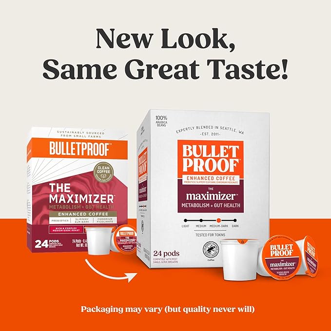 Bulletproof The Maximizer Single-Serve Coffee Pods, 24 Count, Clean Coffee with Prebiotics for Metabolism and Gut Health Support, Packaging May Vary