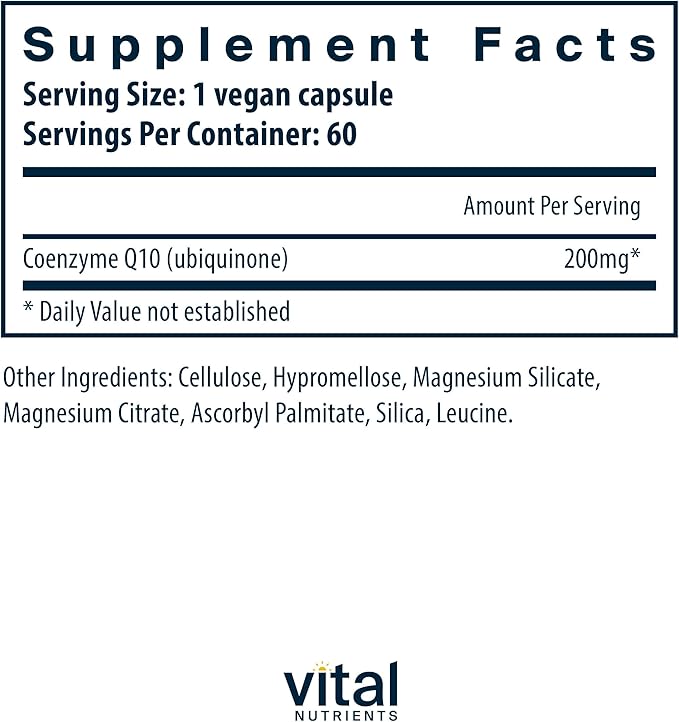 Vital Nutrients CoQ10 200mg | Vegan Supplement | Potent Antioxidant of CoEnzyme Q10 to Support Heart Health and Energy Levels* | Gluten, Dairy and Soy Free | Non-GMO | 60 Capsules