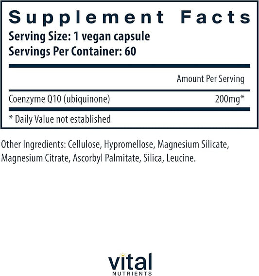 Vital Nutrients CoQ10 200mg | Vegan Supplement | Potent Antioxidant of CoEnzyme Q10 to Support Heart Health and Energy Levels* | Gluten, Dairy and Soy Free | Non-GMO | 60 Capsules