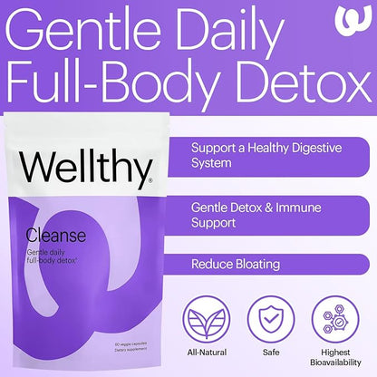 Wellthy Full Body Detox and Immune Support - Advanced Digestive Health, Gut Cleanse and Bloating Relief - All Natural Formula with Milk Thistle, Dandelion Extract and L-Carnitine | 30-Day Supply
