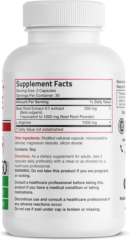 Bronson Beet Root + L-Arginine Nitric Oxide Production - Non-GMO, 60 Vegetarian Capsules
