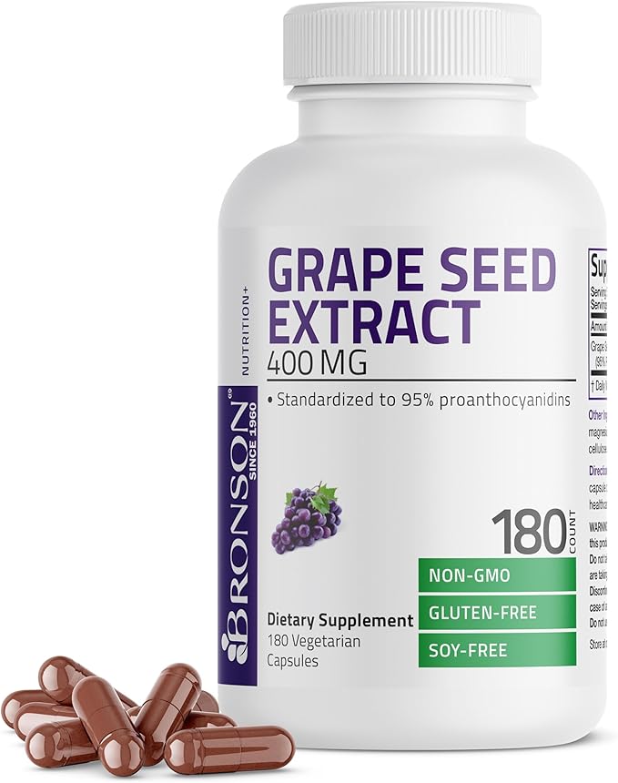 Bronson Grape Seed Extract 400 mg - Antioxidant & Immune Support - Standardized Extract with 95% Proanthocyanidins- Non GMO, 180 Vegetarian Capsules